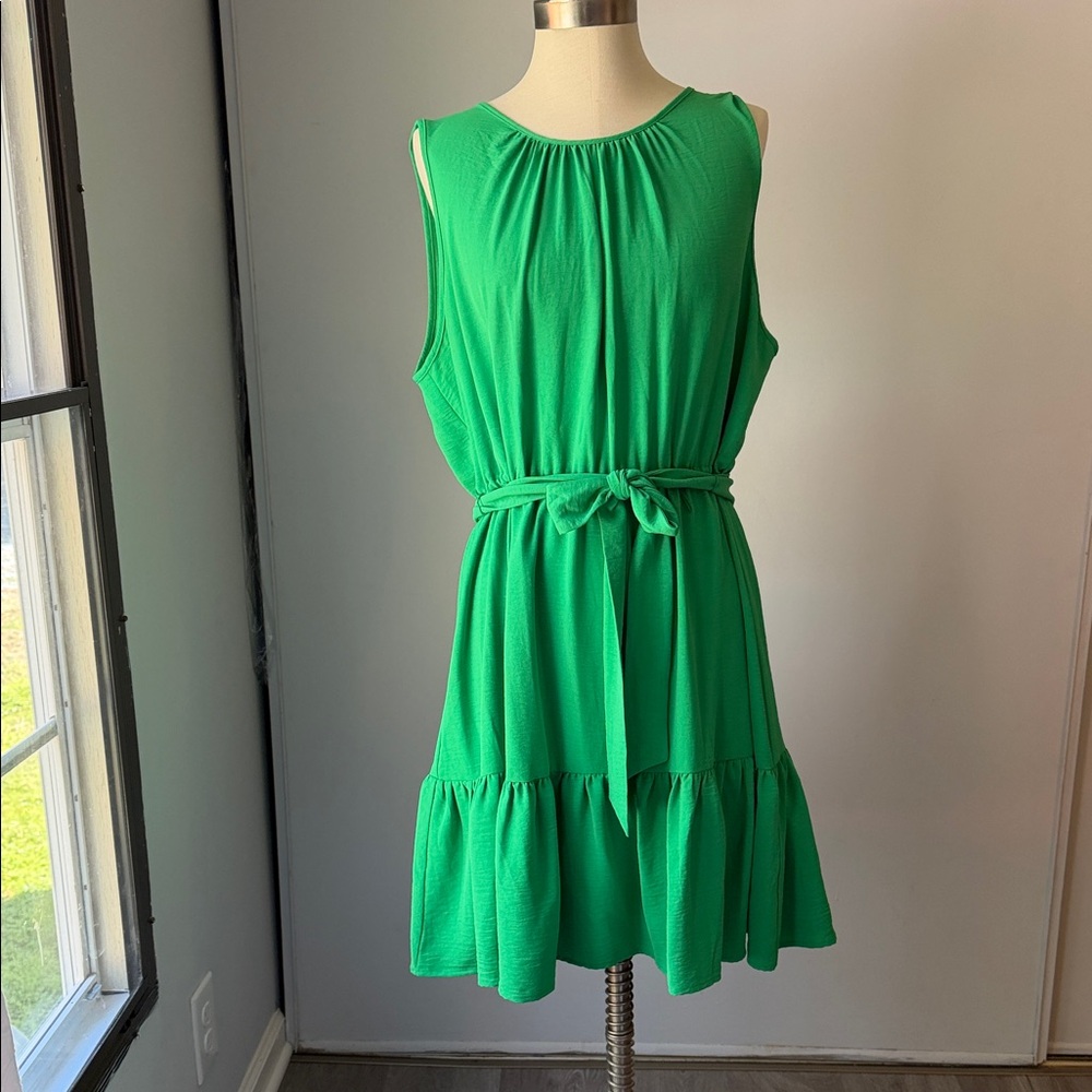 DKNY Green Sleeveless Belted Ruffle-Hem Dress
